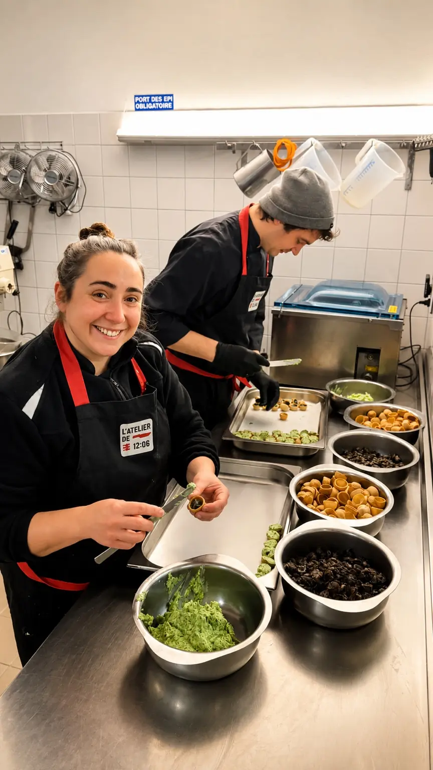 Préparation des commandes dans la cuisine de L’Atelier de 12h06