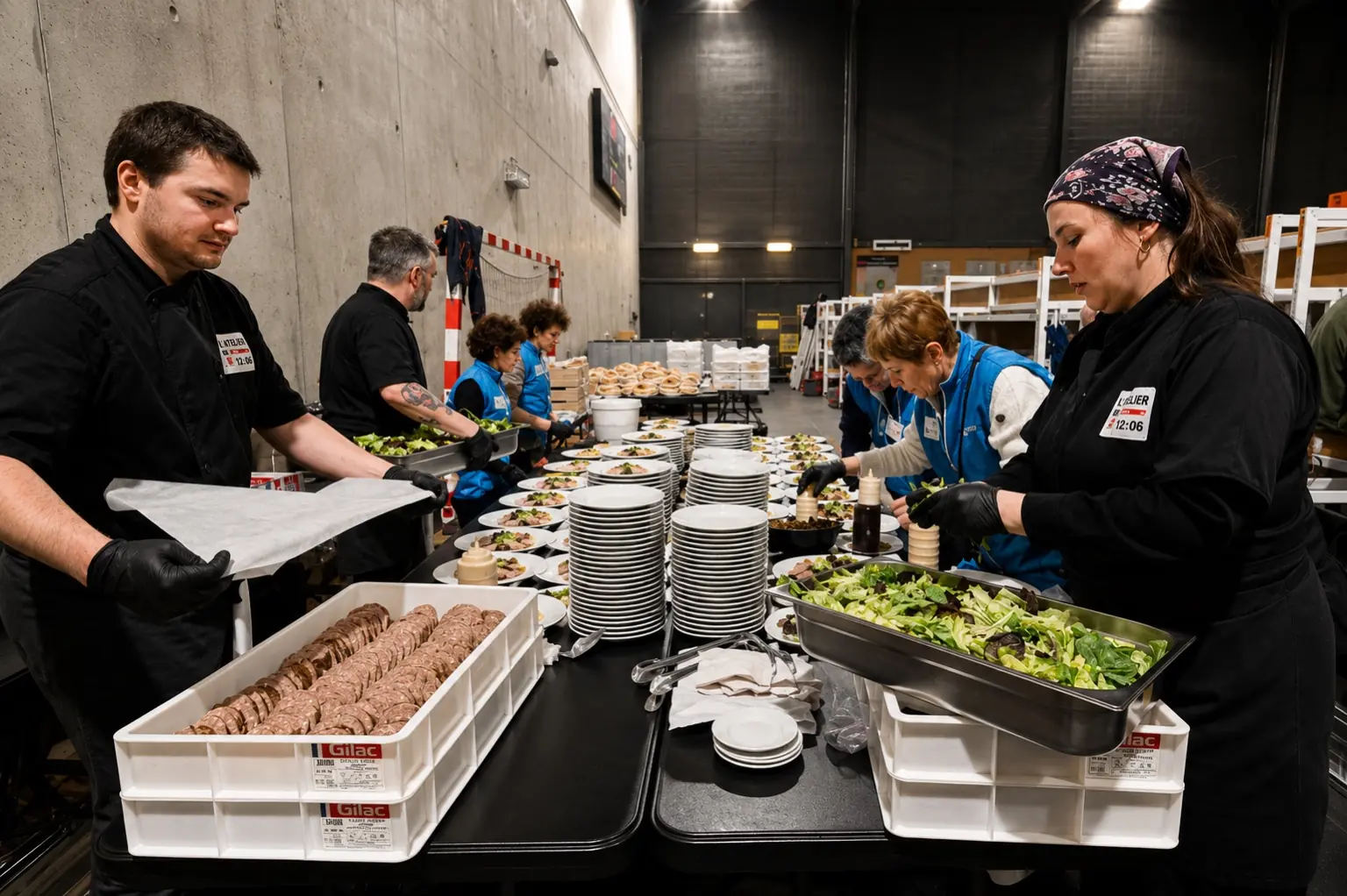 Production de nombreuses assiettes pour un grand repas collectif
