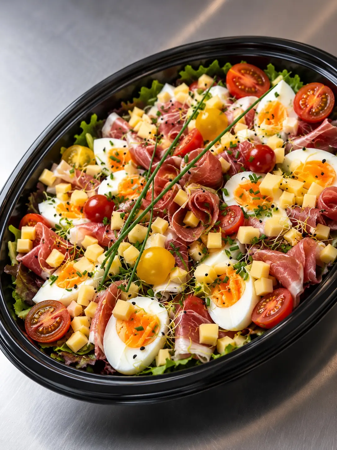 Salade composée généreuse préparée pour un buffet à emporter